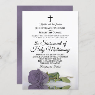 Elegant Dusty Purple Rose Modern Catholic Wedding Invitation