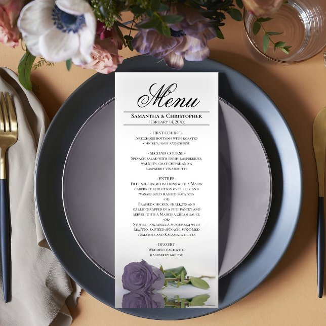 Elegant Dusty Purple Rose Reflections Wedding Menu (In Situ on Plate)