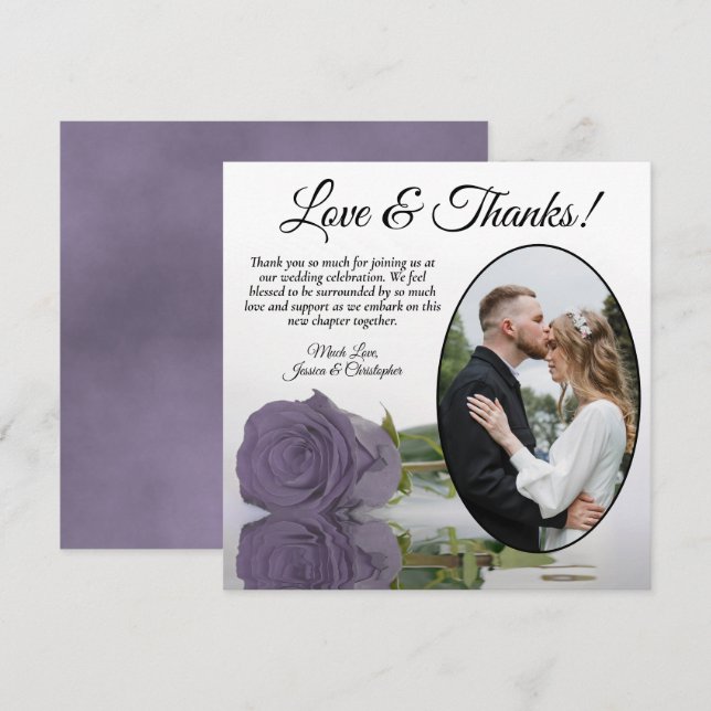 Elegant Dusty Purple Rose with Oval Photo Wedding Thank You Card (Front/Back)