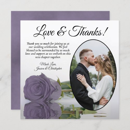 Elegant Dusty Purple Rose with Oval Photo Wedding Thank You Card
