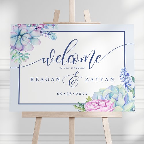 Elegant Dusty Purple Succulent Wedding Welcome Foam Board