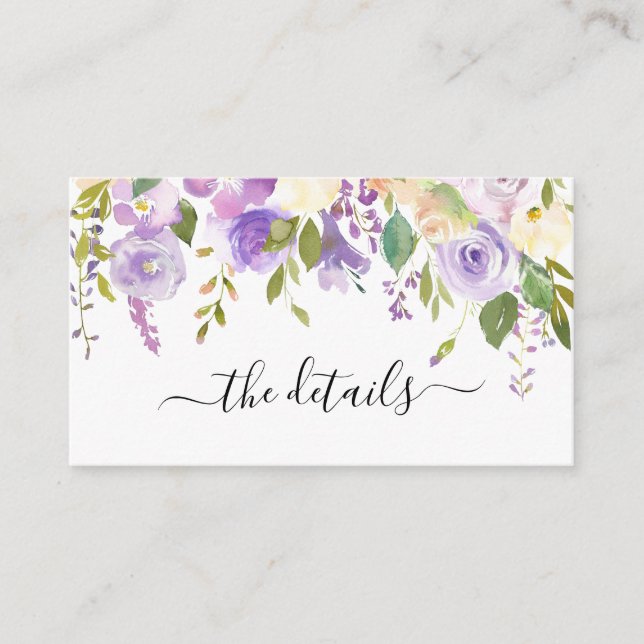 Elegant Dusty Purple Violet Floral Wedding Details Enclosure Card (Front)