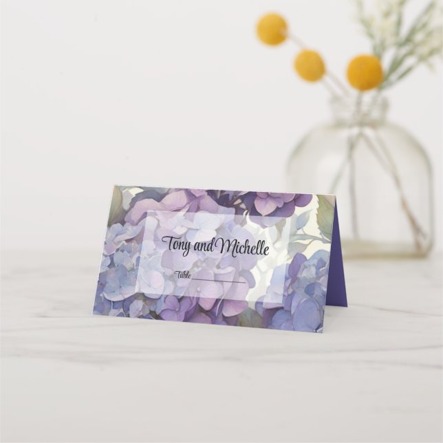 Elegant dusty purple watercolor floral hydrangeas place card (Front)