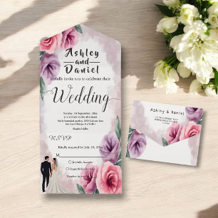 Elegant Dusty Purple Watercolor Floral Wedding All In One Invitation