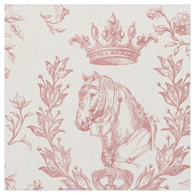 Elegant Dusty Red Horse Crown Floral Toile Fabric (Close Up)