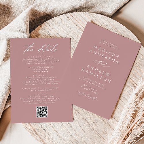 Elegant Dusty Rose All In One QR Code Wedding Invitation