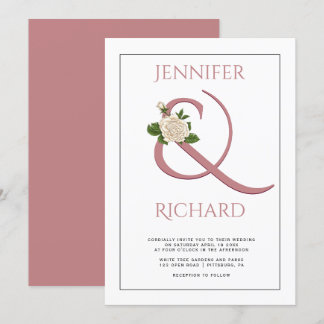 Elegant dusty rose ampersand, white rose wedding invitation