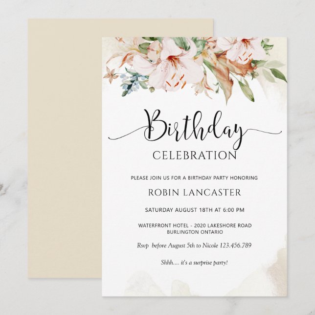 Elegant Dusty Rose and Beige Floral Birthday Invitation (Front/Back)
