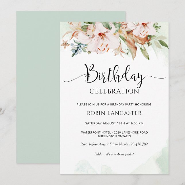  Elegant Dusty Rose and Green Floral Birthday Invitation (Front/Back)