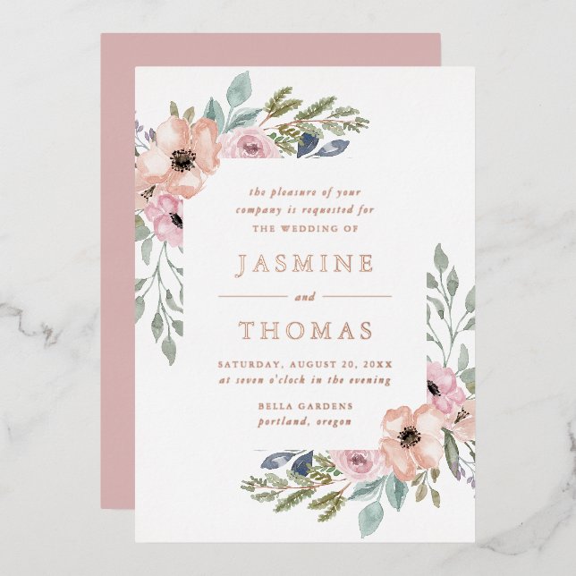 Elegant Dusty Rose and Peach Floral Wedding Foil Invitation (Front/Back)