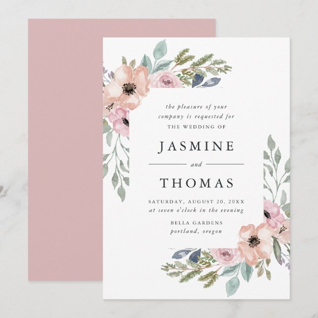 Elegant Dusty Rose and Peach Floral Wedding Invitation (Front/Back)