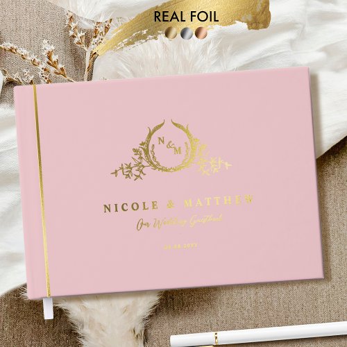 Elegant Dusty Rose and Real Foil Monogram Wedding Foil Guest Book