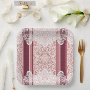 Elegant Dusty Rose and White Lace Wedding Paper Plates