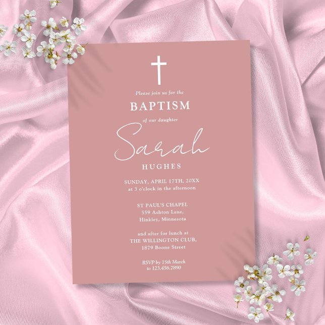 Elegant Dusty Rose Baptism Christening Invitation Postcard (Elegant Dusty Rose Baptism Christening Invitation Postcard)
