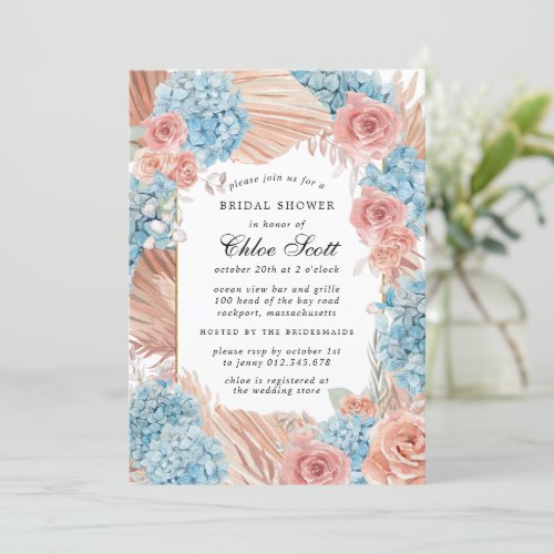 Elegant Dusty Rose Blue Hydrangea Bridal Shower Invitation