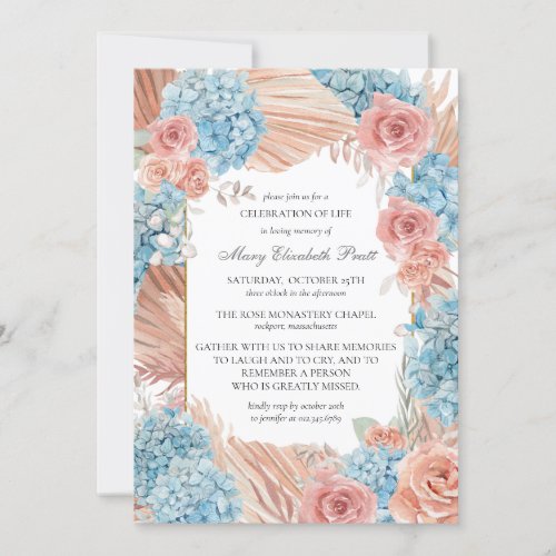 Elegant Dusty Rose Blue Hydrangea Summer Funeral Invitation