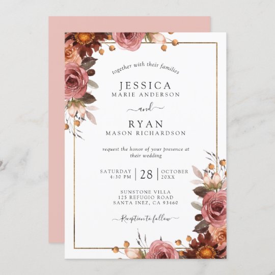 Elegant Dusty Rose, Blush, Burgundy Floral Wedding Invitation 