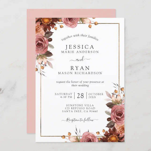 Elegant Dusty Rose, Blush, Burgundy Floral Wedding Invitation | Zazzle