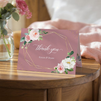 Elegant Dusty Rose Blush Floral Geometric Frame Thank You Card