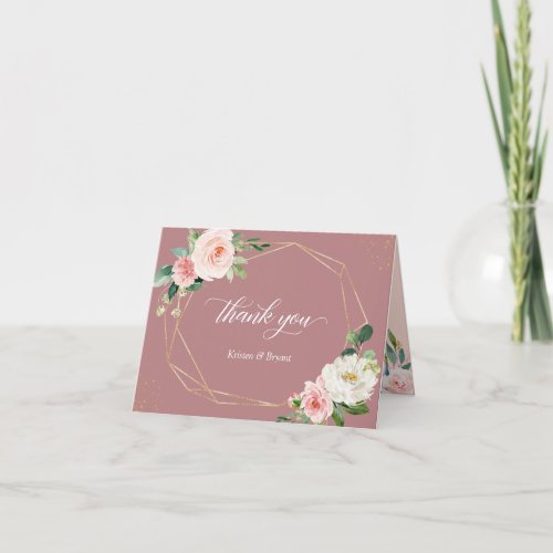 Elegant Dusty Rose Blush Floral Geometric Frame Thank You Card - Modern Geometric Gold Frame Dusty Rose Floral Thank You Card. For further customization, please click the "customize further" link and use our design tool to modify this template. If you need help or matching items, please contact me.
