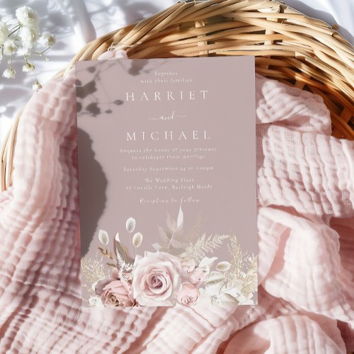 Elegant Dusty Rose  Blush Floral Wedding Invitation