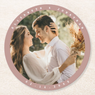 Elegant Dusty Rose Blush Neutral Wedding Photo Round Paper Coaster