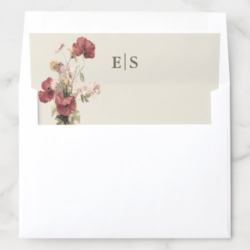 Elegant Dusty Rose Boho Floral Monogrammed Wedding Envelope Liner