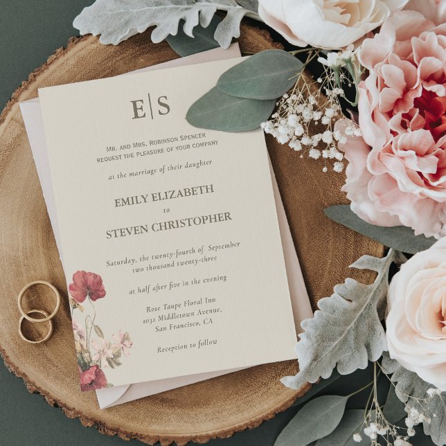 Elegant Dusty Rose Boho Monogrammed Wedding Invitation (Creator Uploaded)