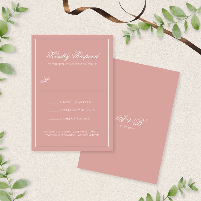 Elegant Dusty Rose Border Monogram Script Wedding RSVP Card (Creator Uploaded)