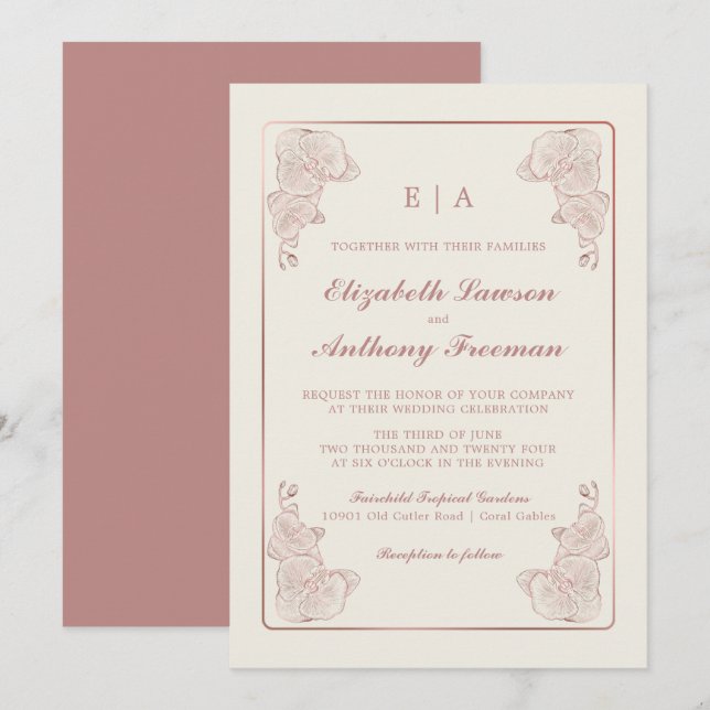 Elegant Dusty Rose Botanical Orchid Sketch Wedding Invitation (Front/Back)