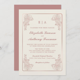Elegant Dusty Rose Botanical Orchid Sketch Wedding Invitation