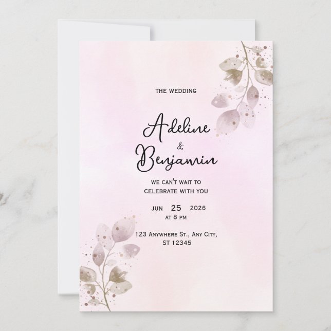 Elegant Dusty Rose Botanical Wedding Invitation (Front)