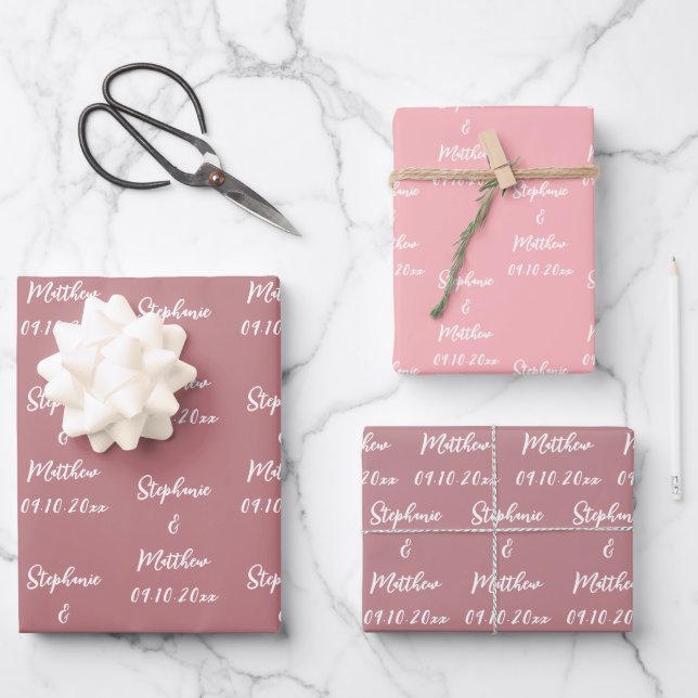 Elegant Dusty Rose Bride Groom Names Weddings Wrapping Paper Sheets (Front)