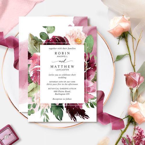 Elegant Dusty Rose Burgundy Pink Floral Wedding Invitation