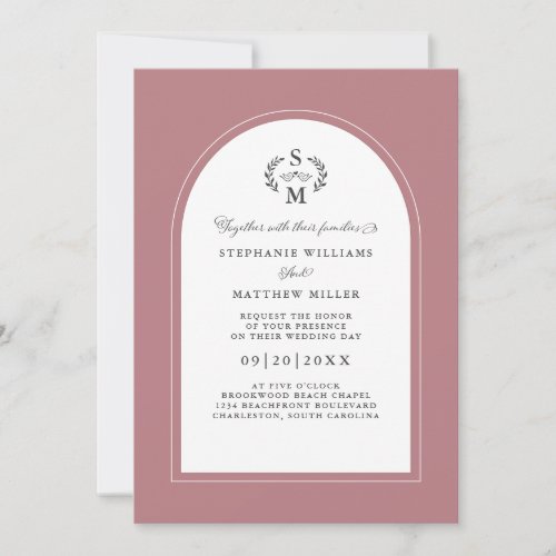 Elegant Dusty Rose Calligraphy Crest Arch Wedding Invitation