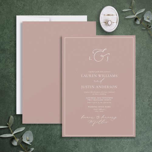Elegant Dusty Rose Calligraphy Monogram Wedding Invitation