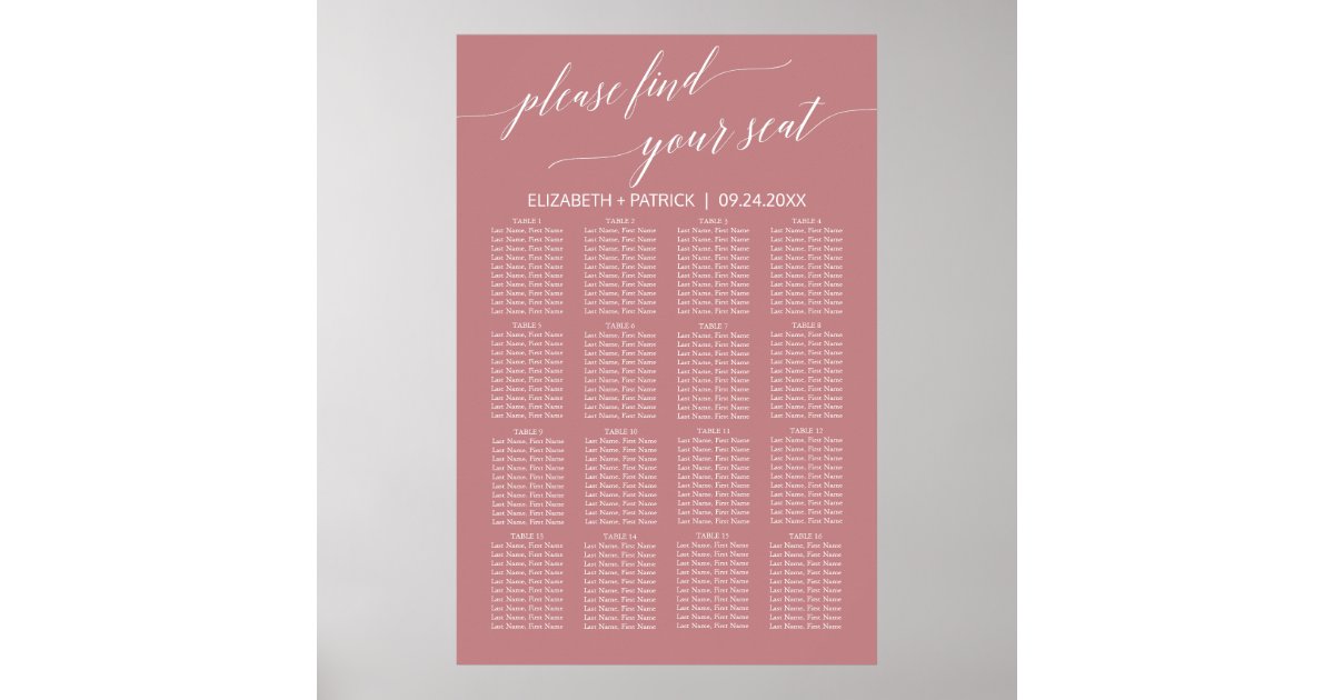 Elegant Dusty Rose Calligraphy Seating Chart