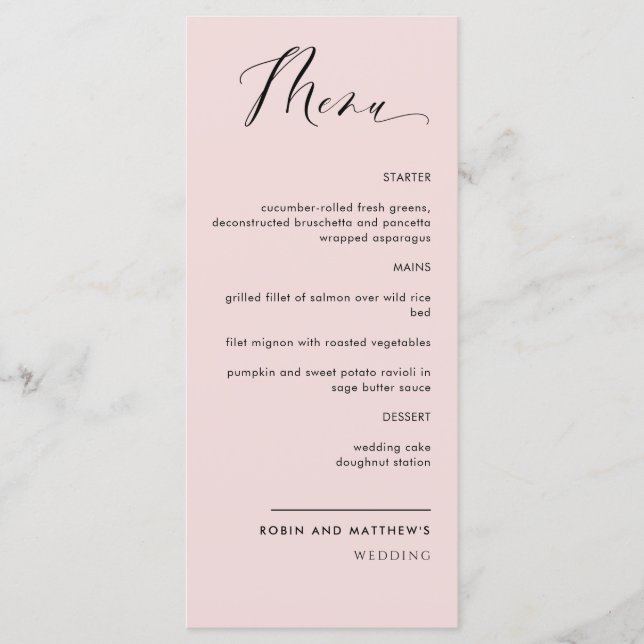Elegant Dusty Rose Calligraphy Wedding / Reception Menu (Front)