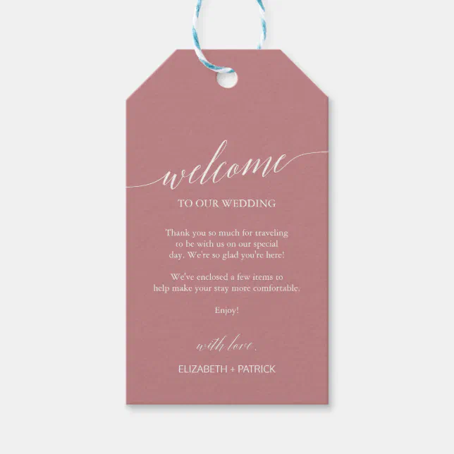 Elegant Dusty Rose Calligraphy Wedding Welcome Gift Tags | Zazzle