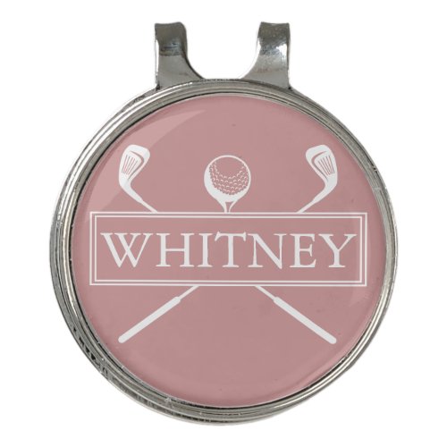 Elegant Dusty Rose Custom Name Ball And Clubs Golf Hat Clip