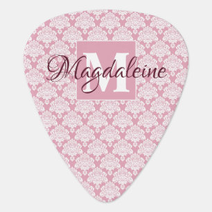 Elegant Dusty Rose Damask Lace Monogram & Name Guitar Pick