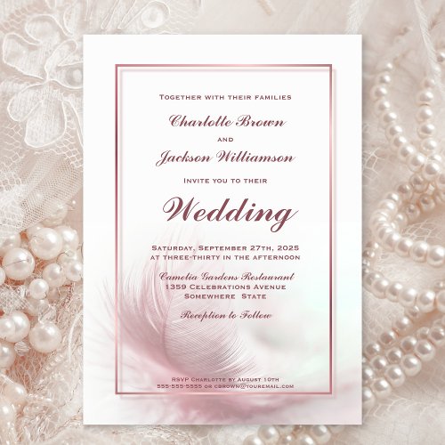 Elegant Dusty Rose Feather Wedding with RSVP Invitation