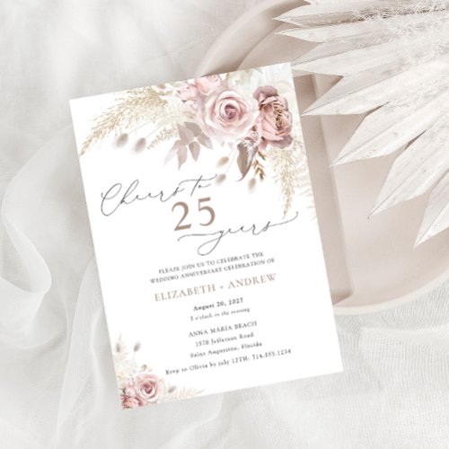 Elegant Dusty Rose Floral 25th Wedding Anniversary Invitation