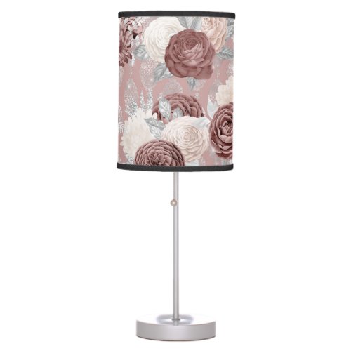 Elegant Dusty Rose Floral and Damask Design Table Lamp