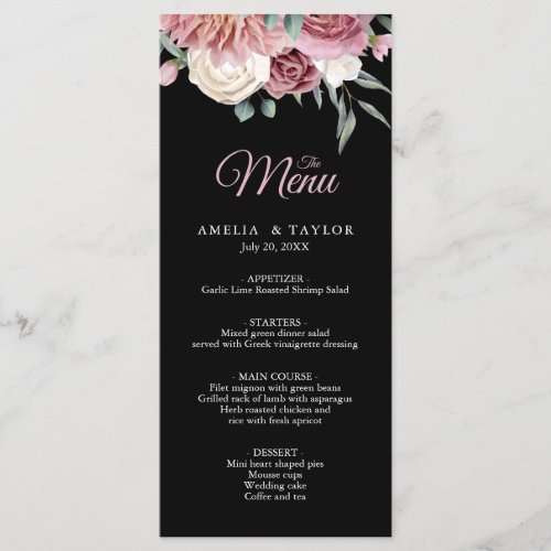 Elegant Dusty Rose Floral black Wedding Menu