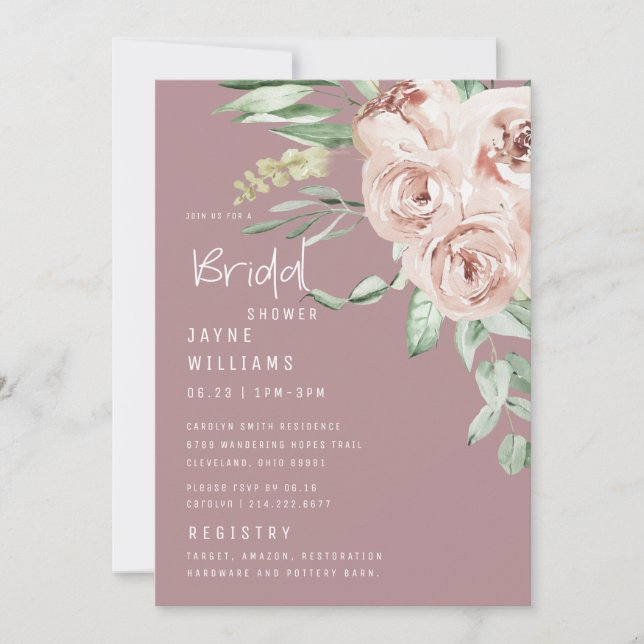 Elegant Dusty Rose Floral Bridal Shower   Invitation (Front)