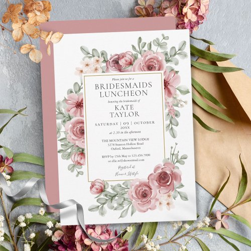 Elegant Dusty Rose Floral Bridesmaids Luncheon Invitation