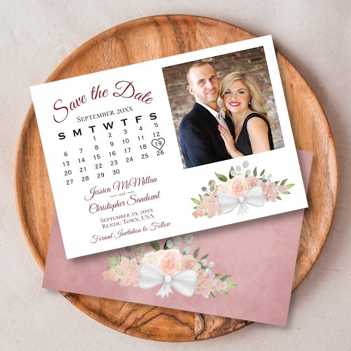 Elegant Dusty Rose Floral Calendar Photo Wedding Save The Date