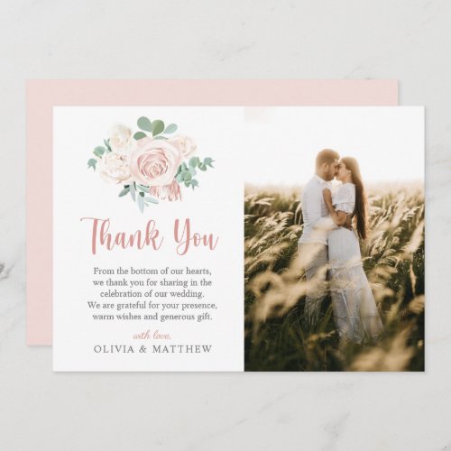 Elegant Dusty Rose Floral Eucalyptus Wedding Photo Thank You Card