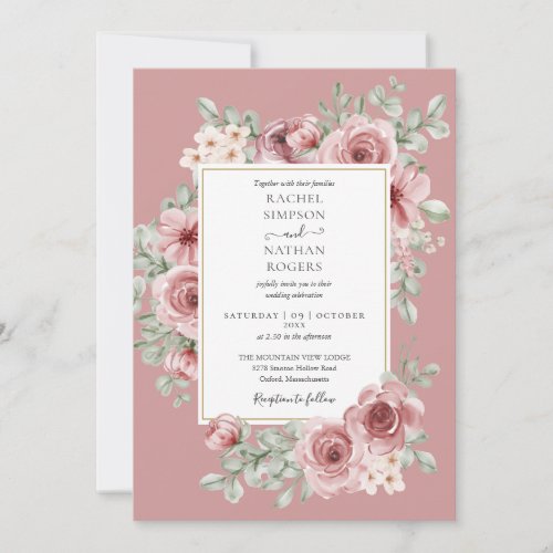 Elegant Dusty Rose Floral Gold Wedding Invitation - A modern stylish wedding invitation featuring pretty rose florals and elegant typography with a dusty rose background. Designed by Thisisnotme©